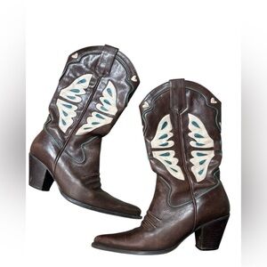Nine West Brown Heeled Boots with Cream and Teal Details